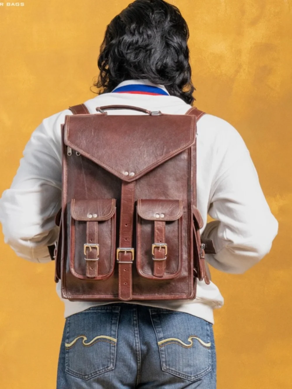 MaheTri Historic Brown Leather Backpack Messenger Bag